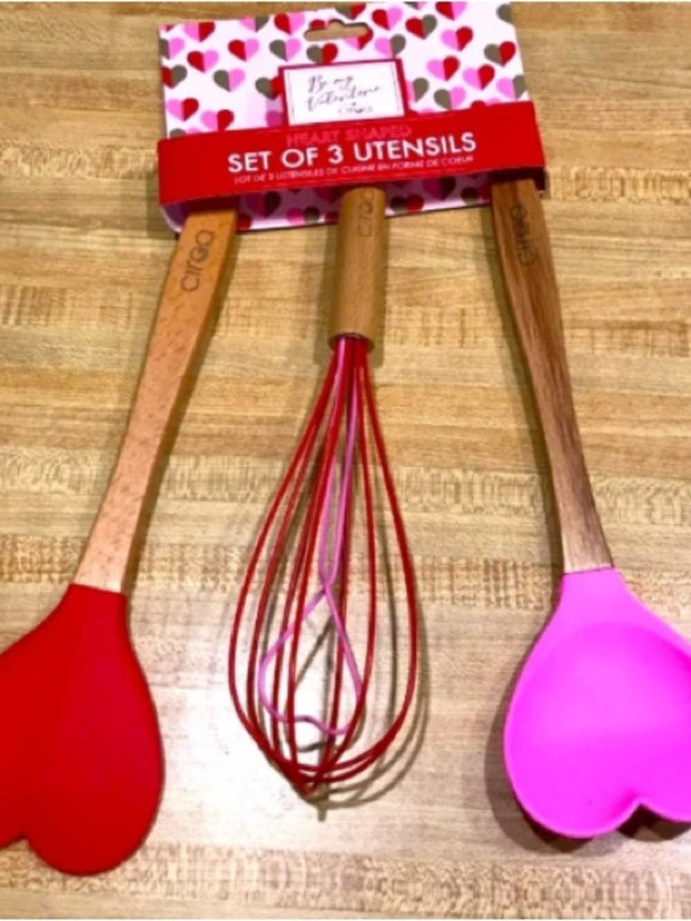 Valentine Heart Kitchen Utensil Set – Pink & Red Silicone with Wooden Handles